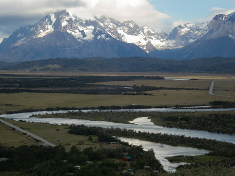 Patagonia mountains with a river