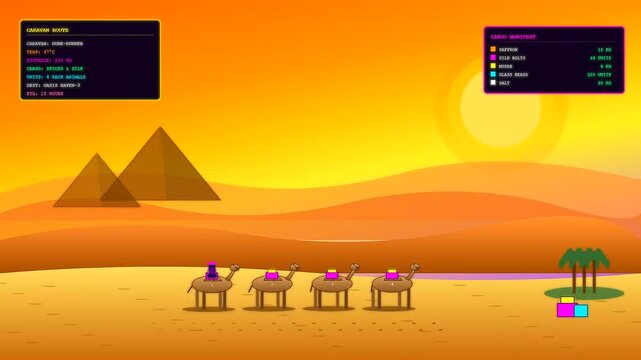 A stylized animation showing a Global Logistics Route where a camel caravan traverses an orange desert with pyramids while digital cargo manifest data overlays the screen
