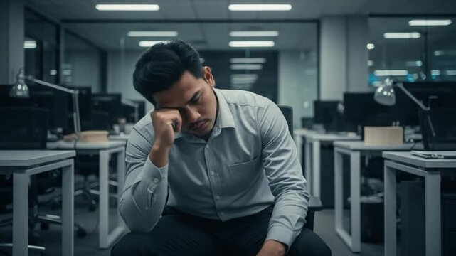 Stressed young Asian man sitting alone in dark empty office feeling burnout and professional exhaustion at night