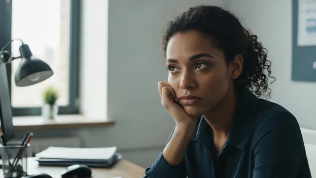 Young Black woman feeling bored and tired at office desk, pensive employee experiencing burnout or lack of motivation at work