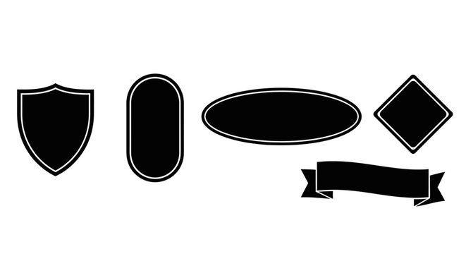 Collection of Black Blank Emblems and Ribbons Isolated.