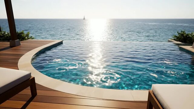 Luxury infinity pool overlooking tropical ocean at sunset with wooden deck and sun loungers luxury resort