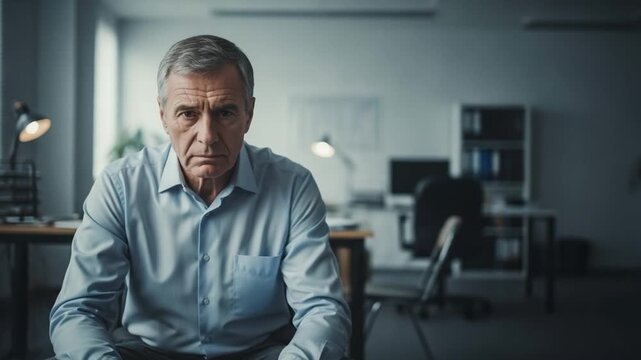Serious middle aged businessman sitting in office looking at camera, professional corporate portrait concept
