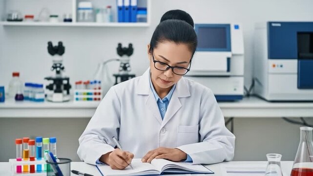 Asian female scientist writing research notes in a modern laboratory setting for medical development and analysis
