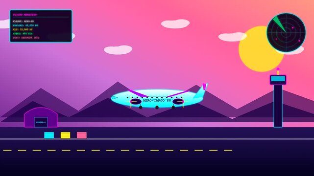 A stylized cargo airplane flies along a global logistics route over a neon airport at sunset featuring moving radar scanners and digital flight manifest data