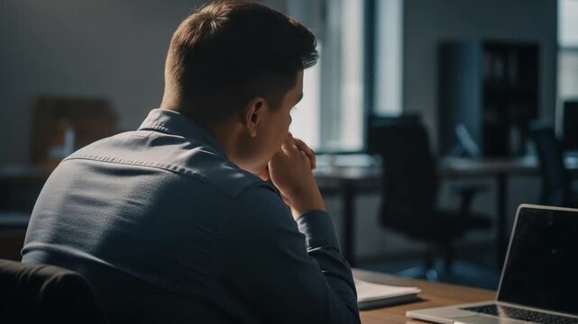 Stressed young man sitting at office desk feeling overwhelmed and tired during late night work session
