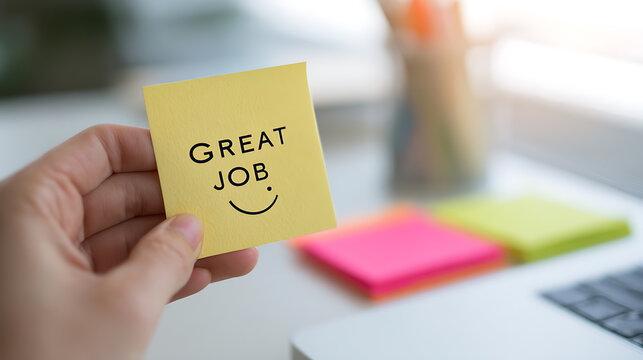 Inspiring message of accomplishment on a yellow sticky note held in hand, conveying positive feedback and recognition for good work, ideal for business concepts