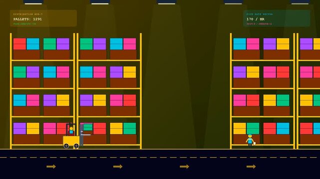 A stylized 2D animation visualizes a Global Logistics Route where a forklift moves through a warehouse picking pallets to optimize supply chain efficiency and speed.