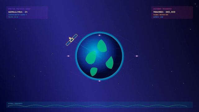 An advanced Global Logistics Route is established by an orbiting satellite that tracks data across a stylized digital planet with modern glowing interface design elements.