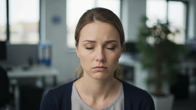 Sad young woman looking at camera in office, feeling stressed or anxious, professional burnout concept