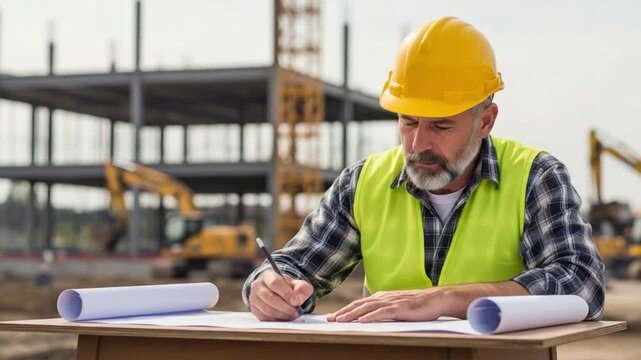 Mature Male Construction Engineer Reviewing Blueprints at Building Site for Project Planning and Management