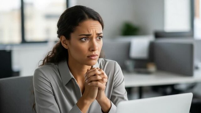 Stressed young woman employee feeling anxious at office desk, worried professional female worker facing workplace burnout