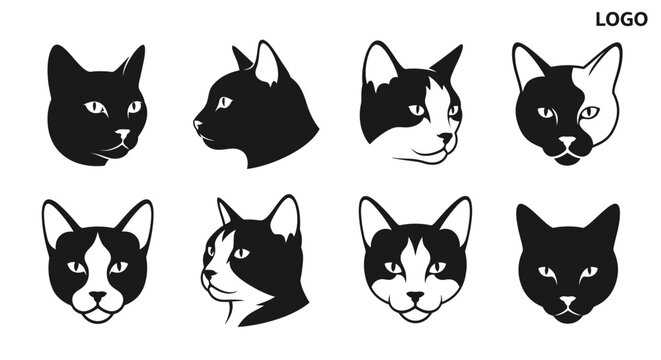 Collection of Stylized Cat Head Silhouettes and Icons.