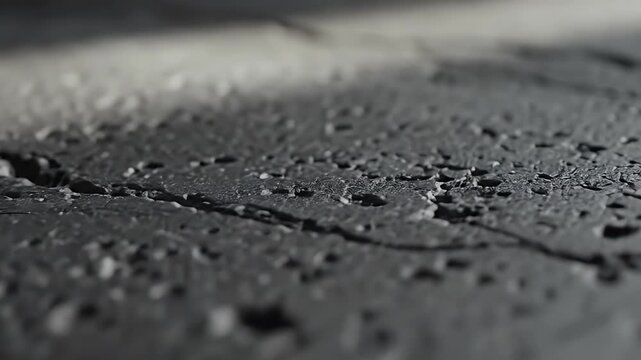 Macro close-up of numerous raindrops and water droplets scattered on dark asphalt pavement