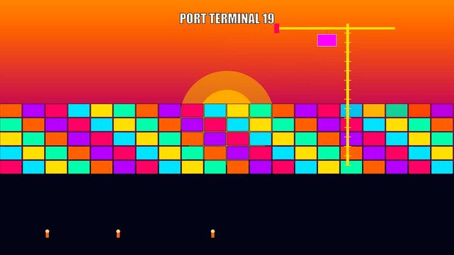 This vibrant animation illustrates a Global Logistics Route where a harbor crane stacks colorful shipping containers against a stunning sunset sky in a busy industrial port.