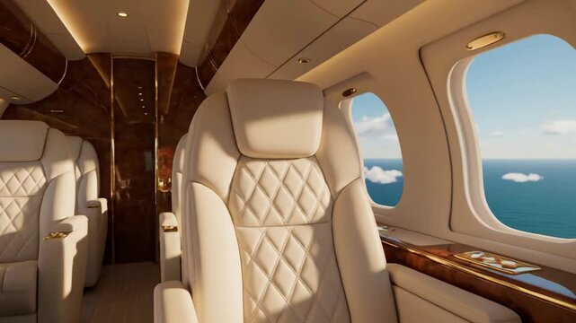Luxury private jet interior with champagne glass and ocean view during flight luxury travel aviation
