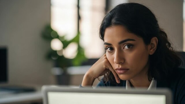 Bored young woman looking at computer screen in office, concept of workplace burnout and employee disengagement