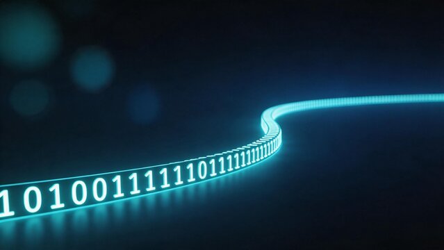 Binary code light trail on dark background