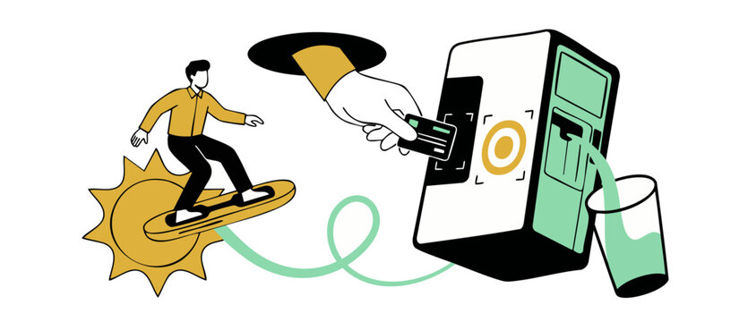 Contactless payment water vending machine with man surfing on a yellow sun. Hand inserts credit card to buy a drink from digital dispenser. Minimalist line art flat vector illustration concept artwork