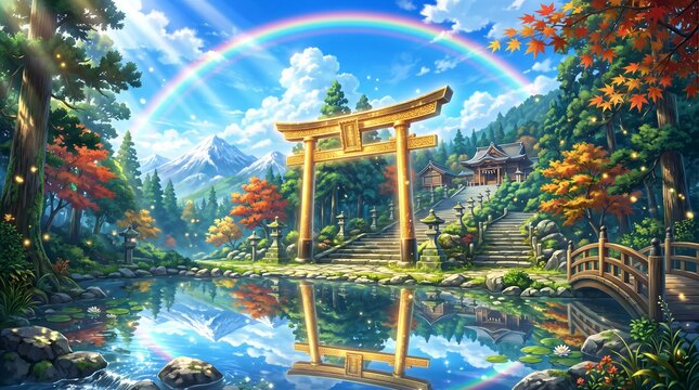 黄金の鳥居と虹の神社 / Golden Torii Gate Shinto Shrine with Rainbow