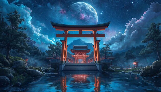 夜の神社と巨大な満月 / Japanese Shinto Shrine with Torii Gate at Night
