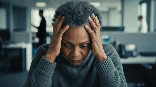 Stressed mature Black woman suffering from workplace burnout in a modern office environment, professional mental health concept