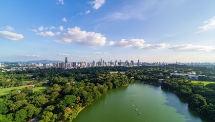 Fototapeta premium City park lake skyline drone view.