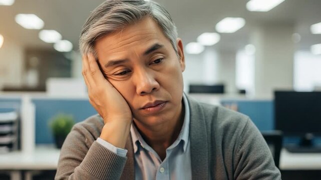 Tired mature Asian businessman sleeping at office desk, exhausted employee suffering from burnout and workplace fatigue
