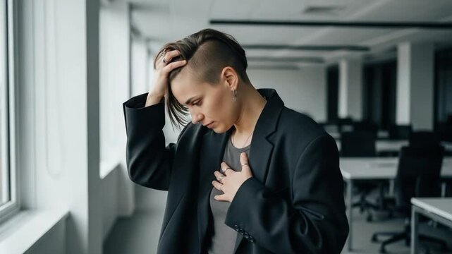 Stressed young woman with undercut hairstyle feeling anxiety in modern office, professional burnout concept