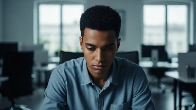 Young Black man working in modern office, focused professional male employee concentrating on computer task at desk