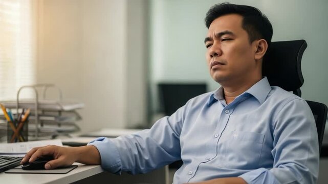Tired Asian Businessman Feeling Stressed and Bored at Office Desk Working on Computer