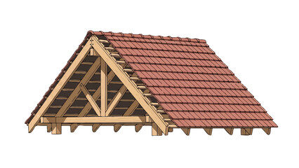 Naklejka premium Detailed Architectural Illustration of a Gable Roof Construction Showing Wooden Truss Frame and Red Clay Tiles Isolated on White