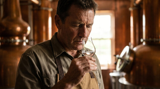 Master distiller evaluating spirit in craft alcohol distillery