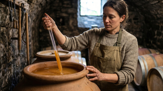 Woman winemaker sampling natural wine from clay amphora