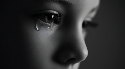 Fototapeta premium Close-up of a child's face in monochrome, with a single tear falling from the eye, depicting profound sorrow or distress in a dramatic frame