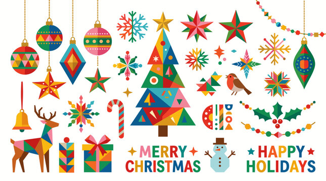 Christmas elements collection with geometric tree and festive decorations
