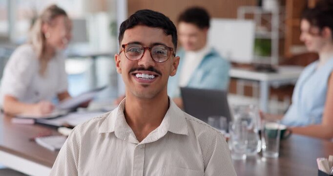 Face, smile and business man in meeting for event planning, coordination and about us in office. Portrait, happy person and coworking in workplace, creative organizer or confident intern with glasses