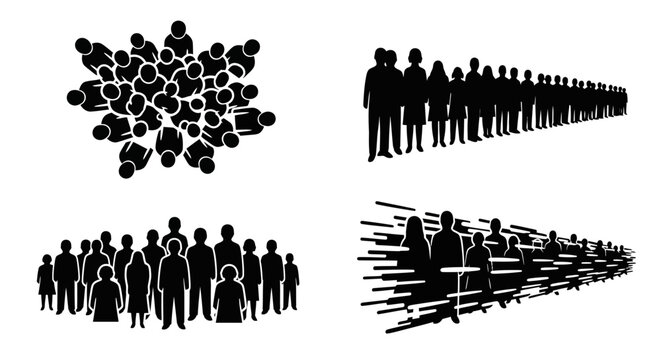 Silhouettes of people in various group formations.