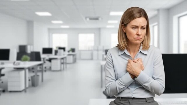 Anxious middle aged woman feeling stressed and insecure in a modern corporate office environment