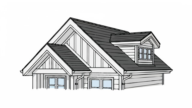 Modern House Roof Architectural Line Art Illustration - Gable Roof and Dormer Window Technical Drawing Sketch