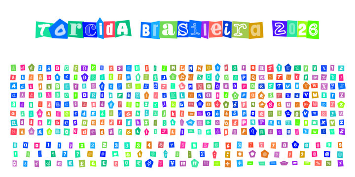 TORCIDA BRASILEIRA 2026, alfabeto estilo carta de resgate, letras recortadas de revista, tipografia colorida para design esportivo e torcida