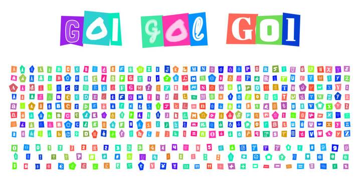 GOL, alfabeto estilo carta de resgate, letras e numeros recortados de revistas, tipografia colorida para design grafico e colagens