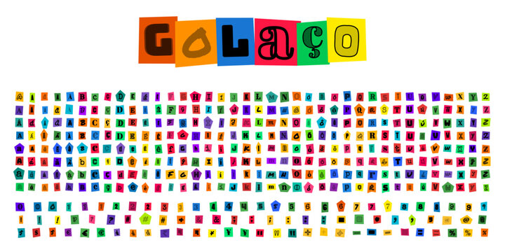 GOLACO, alfabeto de letras recortadas estilo carta de resgate, conjunto de caracteres tipograficos coloridos para design criativo