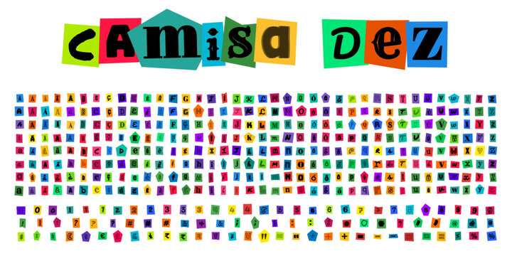 CAMISA DEZ alfabeto estilo carta de resgate com letras recortadas de papel colorido para design grafico criativo e colagens