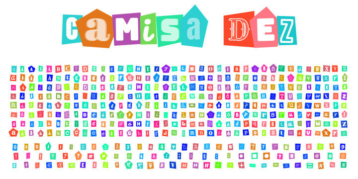 CAMISA DEZ alfabeto estilo carta de resgate com letras e numeros recortados para design criativo e composicao de mensagens personalizadas