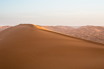Fototapeta premium Golden sunrise over Sahara sand dunes near Merzouga, Morocco desert