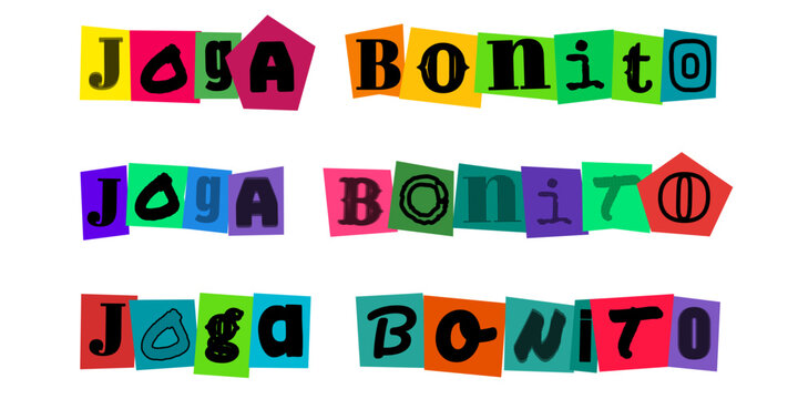 Joga Bonito, frase em estilo de recorte de revista, design tipografico colorido para projetos de futebol, esportes e cultura urbana