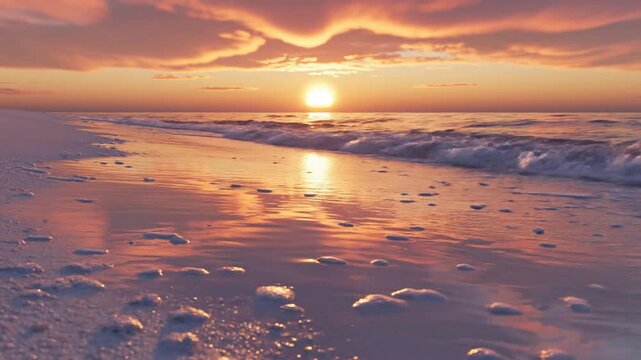 Golden sunset over tropical beach with gentle ocean waves rolling onto white sand shore