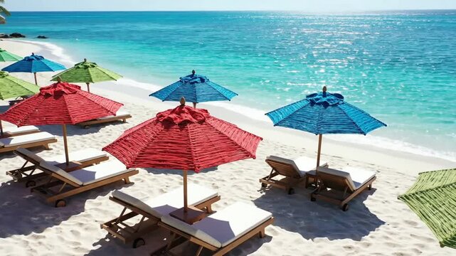 Tropical beach resort with colorful umbrellas and sun loungers on white sand by turquoise ocean vacation