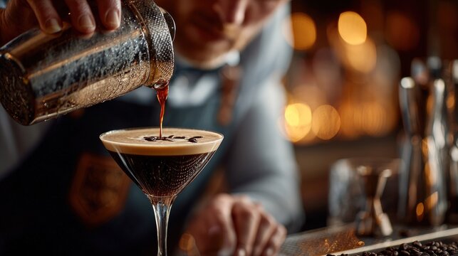 Close-up of dark espresso martini being poured into a coup glass with thick foam.